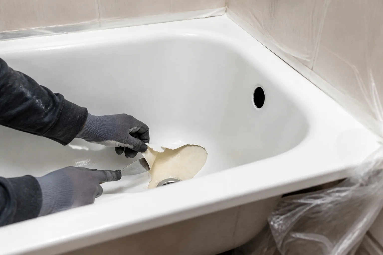 Проверка старого ремонтного покрытия ванны перед повторной реставрацией