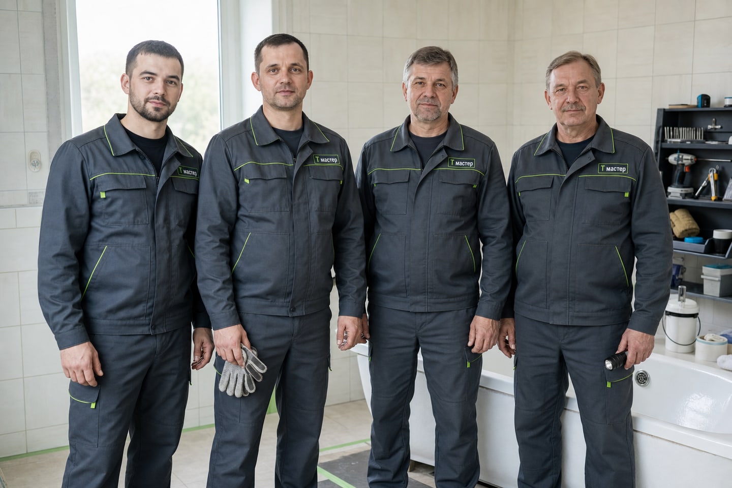 Команда мастеров TMaster в рабочей форме с нашивкой Т мастер